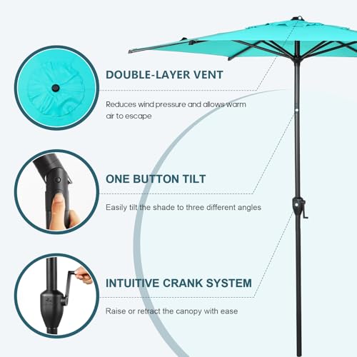 Image of Abba Patio 7.5FT Lyon Outdoor Patio Umbrella Outdoor Table Umbrella with Push Button Tilt and Crank Market Umbrella 6 Sturdy Ribs UV Protection Waterproof for Garden Deck Backyard Pool, Turquoise