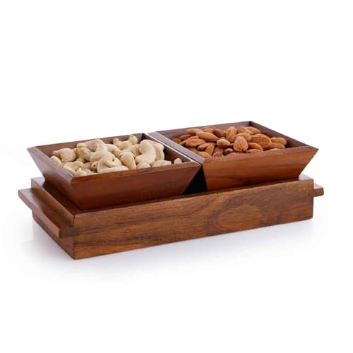 Image of Crystal Milano Premium Teak Wood Tray with 2 Bowls | Serve & Store | Ideal for Home & Restaurants | Handcrafted & Eco -Friendly
