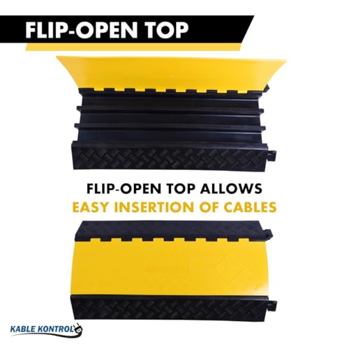Image of Kable Kontrol Atlas Heavy Duty Cable Protector Ramp - 3 Channel - 1 Pc - 36 inch Long Black & Yellow - 44000 Lbs Capacity - Rubber Speed Bump Wire Protector Cord Cover - CP9986