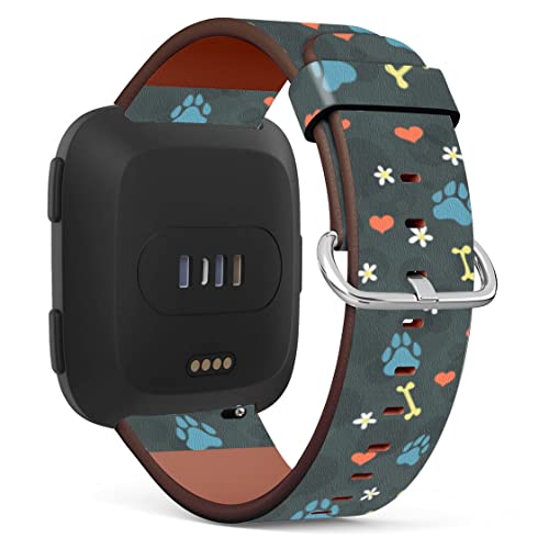 Mingdao Compatible with Fitbit Versa 2 / Versa/Versa Lite/Versa SE Patterned Leather Replacement Band (Love Hearts And Dogs Paw Prints)