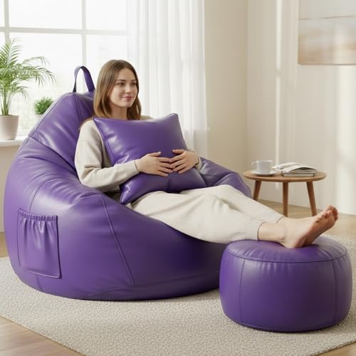 Image of KAM'S LIEU Leatherette Bean Bag Chair with Footrest | Filled with EPS Beans | Comfortable Sofa for Living Room & Bedroom | 4XL Size, Easy to Clean Color- (Purple)