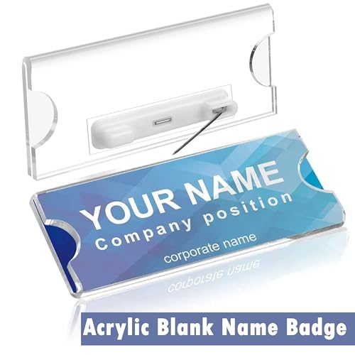 Image of Shuban 50 Pieces Name Badges with Pins for School Work Name Badge Holder for Clothes Clear Acrylic Sign Display Holder DIY Blank Id Holders Printable Name Label for Work Business Classroom