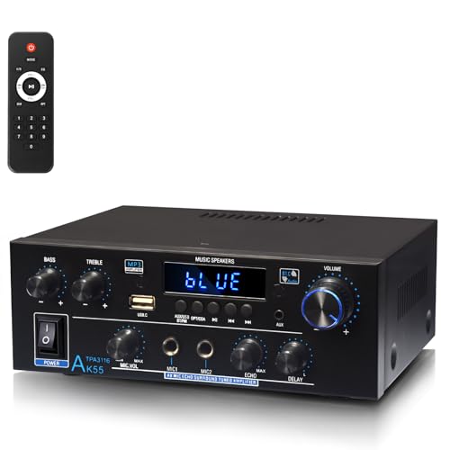 WOOPKER AK55 HiFi-Verstärker mit Bluetooth & Optischem Eingang | Digital Stereo Receiver 2.0-Kanal 70Wx2 RMS | Bass-Regler & Höhen Anhebung | AUX/USB/RCA/MIC für Heimkino/Karaoke/Lautsprecher