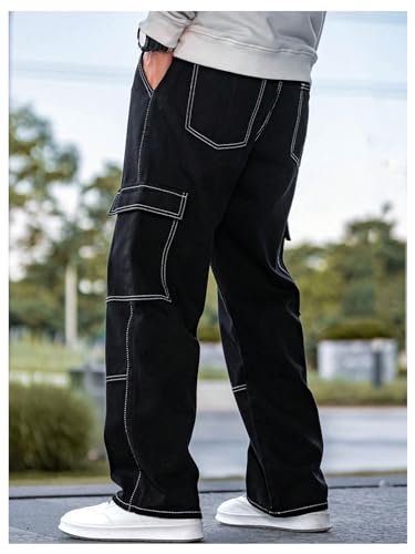 OYOANGLE Men's Jeans Cargo Pants Drawstring Waist Flap Pocket Straight Leg Denim Pants Streetwear2