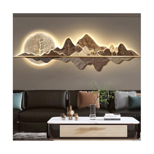 HTYUKFDG Scultura da parete a LED 3D, decorazione artistica da parete tradizionale orientale, scultura da parete con luce decorativa illuminata con montagna e albero, lampada murale per soggiorno e