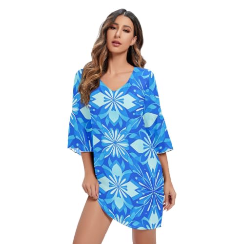 Robe trapèze en mousseline de soie bleue à col en V pour femmes