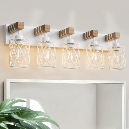 Image of IZORRO Farmhouse Bathroom Vanity Light, 5-Light Wood Bathroom Light Fixtures Over Mirror, Matte White Industrial Vanity Lights with Metal Shade, Rustic Restroom Lighting Fixtures