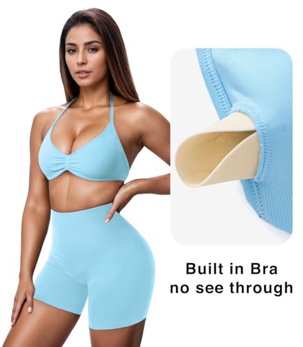 Image of OMKAGI Halter Sports Bras for Women Padded Strappy Bra Open Back Workout Gym Crop