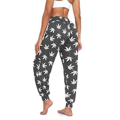 Aflyko Floral Women Dance Pants Marijuana Leaves Black White Boho Trousers Yoga Hip Hop Loose Fit Sweatpants Breathable Lounge Harem Pants M #TOP1