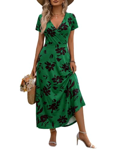 Image of HUHOT Women's Short Sleeve Wrap V Neck Dresses for Wedding Guest Summer Floral Maxi Sundresses with Pockets Boho Dress