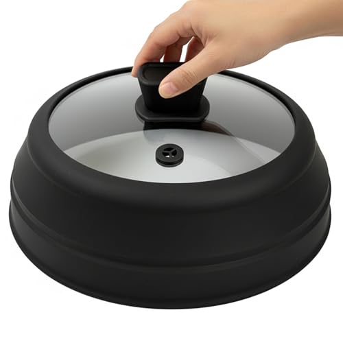 Cubierta de salpicaduras de microondas para alimentos, tapa plegable con mango de fácil agarre, vidrio templado seguro y cubierta de silicona para ollas, resistente al calor (negro, 9 pulgadas)