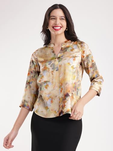 Image of FableStreet Women Shirt Work & Casual | Relaxed Fit Mandarin V-Neck Three-Quarter Sleeves Solid Pattern | Breathable Woven Fabric for Office & Everyday Wear