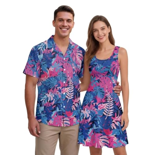JOAIFO Hawaiian Palm Leaf Print Husband and Wife Matching Clothes Hawaii Matching Couple Outfits Sets for Vocation Cozy Maxi Dress Mens T Shirt Casual for Beach L