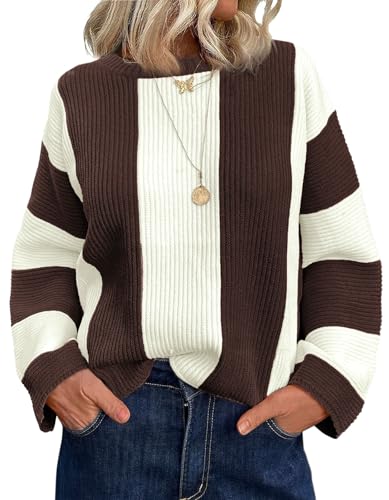 Saodimallsu Womens Striped Color Block Sweaters Fall Crew Neck Long Sleeve Ribbed Knit Casual Loose Pullover Sweater - Main Image
