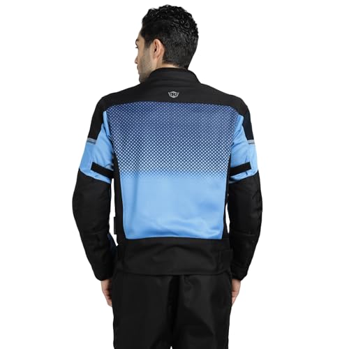 Image of ROYAL ENFIELD HIGH STREET ECO RIDING JACKET|CE level 2 armours at Shoulders & Elbows CE level 2 armour at back, XY CE level 1 armour at Chest|Super soft Neoprene fabric at collar |BLUE XL