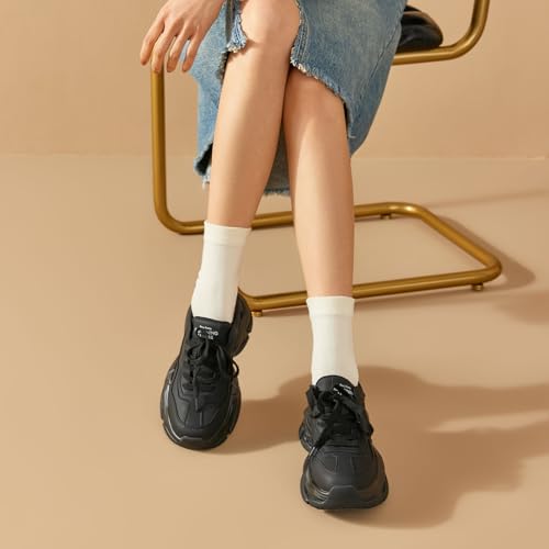 Image of BEAU TODAY Chunky Sneakers for Women, Womens Fashion Sneakers, Lightweight Leather Sneakers for Women, Comfortable Casual Lace-Up Breathable Dad Shoes