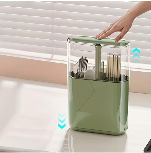 Image of Bayleef Premium Cutlery Organizer with Lid - Luxury Kitchen Utensil Holder with Ventilation & Drain Tray for Spoons, Forks, Knives & Chopsticks