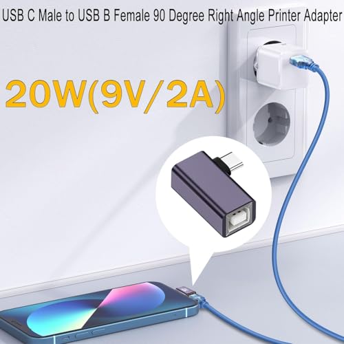 Image of ETZIN USB C Male to USB B Female 90 Angle Print Connector USB C Plug to MIDI Jack Electronic Instrument Right Angle Adapter 480Mbps 20W Charging,Al Hull,for Electronic Piano Printer EPL-1577CC