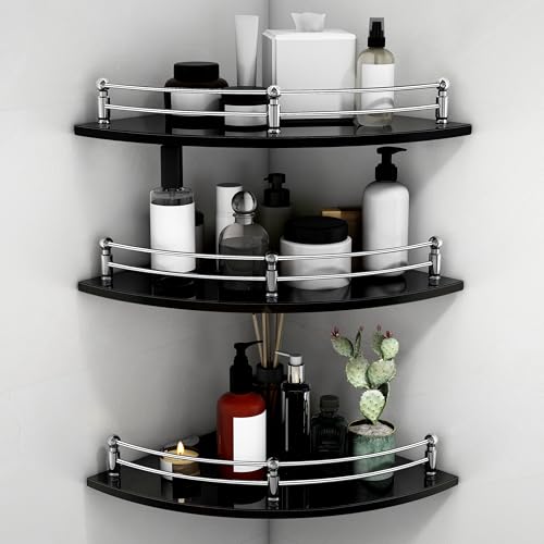 Plantex Premium Glass Corner Shelf for Bathroom/Glass Shelf for Living Room/Bathroom Corner Shelf/Kitchen Glass Shelf/Storage Organiser/Kitchen Shelf Rack -(Black -12 x 12 Inches - Pack of 3)