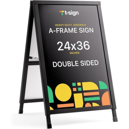 T-SIGN Outdoor A-Frame Sidewalk Sign 24x36 Inch Sandwich Board, Black Coated Steel…