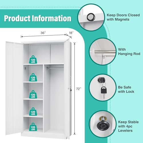 Image of Wide & Deep Metal Storage Cabinet with Hanging Rod,White Broom Closet Storage Cabinet with Lock,72 inch Tall Wardrobe Cabinets with Doors and Shelves,Locking Steel Tool Cabinets for Home,Office,Garage