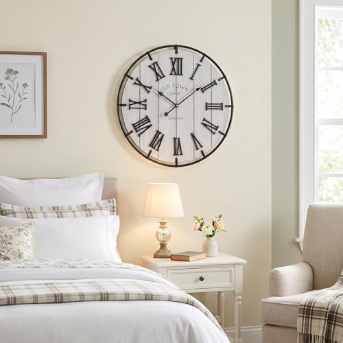 Image of EMAX HOME Large 20 Inch Farmhouse Wall Clock, Distressed White Wood Grain Dial with Heavy Duty Black Metal Frame, Silent Non-Ticking Sweep Movement for Living Room, Bedroom, Kitchen or Entryway