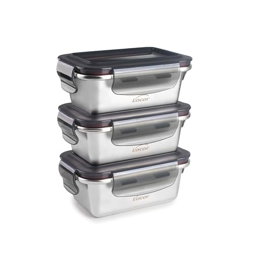 LACOR - 64623 - Set 3 Recipientes para alimentos Ecoinox, Acero inoxidable 18/10, 260 ml, Apto para microondas, horno, congelador y lavavajillas, Hermético, 4 Cierres de clip, BPA Free