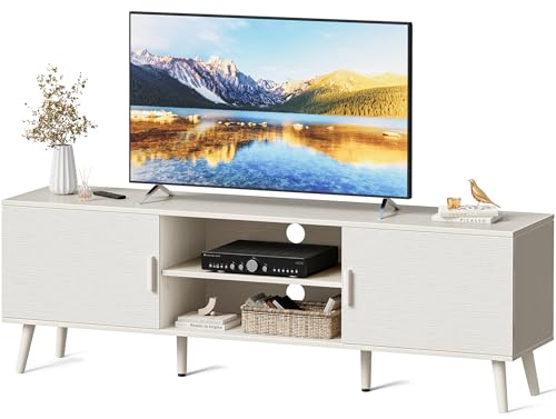 SUPERJARE TV Stand for 55 Inch TV, Entertainment Center with Adjustable Shelf, 2 Cabinets, TV Console Table, Media Console, Solid Wood Feet, Cord Holes, for Living Room, Bedroom, White