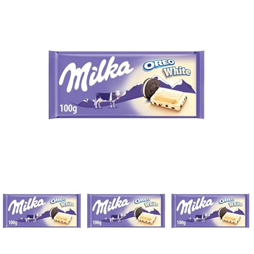 Milka Oreo Tableta de Chocolate Blanco con Trozos con Galleta Oreo y Relleno de Vainilla 100g (Paquete de 4)