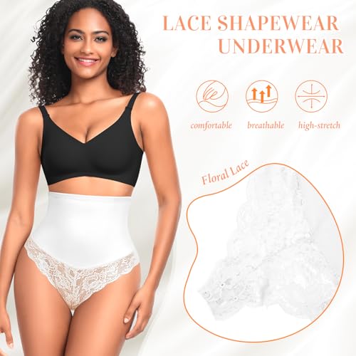 Image of Werena Tummy Control Thong Shapewear for Women Mid High Waisted Body Shaper Underwear Lace Shaping Thong Girdle Panties