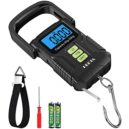 HEETA Waterproof Fishing Scale, Digital Fish Scale 110lb 50kg with Memory Function, Portable Hanging Luggage Scale with Fluorescent Button, 40” Ruler, Backlit LCD Display- Weight Scale (Black)
