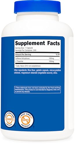 Image of Nutricost Caffeine with L-Theanine, 100mg of Each, 240 Capsules, 240 Servings - Non-GMO and Gluten Free (Pack of 2)