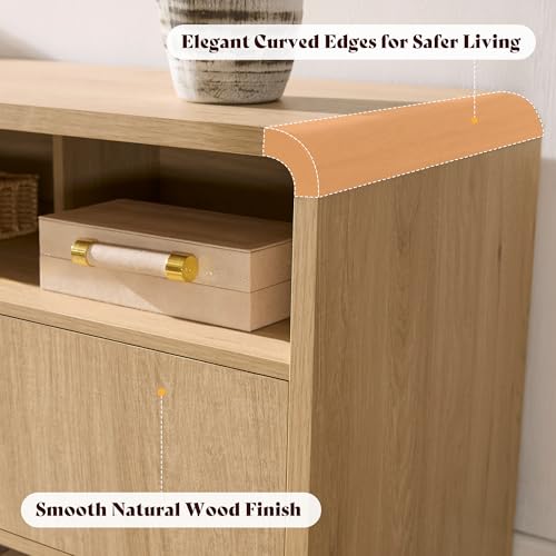 Image of AMERLIFE 70 inch Modern TV Stand for TVs Up to 80 inch, Wood TV Console with Curved Profile Design & 2 Storage Cabinets, Media Console Entertainment Center for Living Room, Natural Oak
