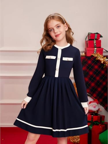 Girls Long Sleeve Fall Winter Dress, Button Knit A Line Casual Princess Dresses Holiday Clothes for Girl 8-12Y3