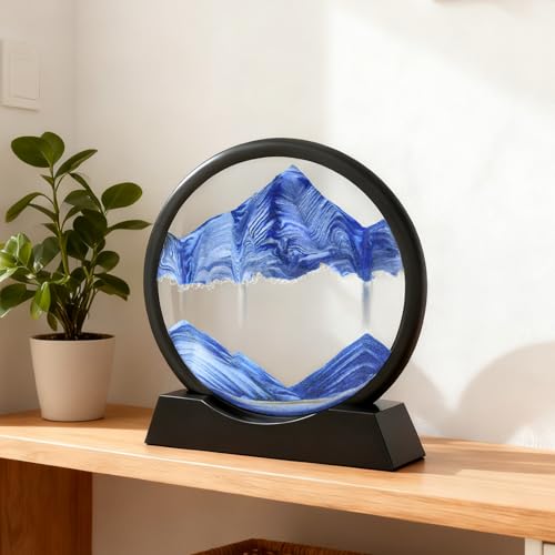 Image of Wai Danie Moving Sand Art Picture 3D Hourglass Deep Sea Sandscape Liquid Motion Display Painting Flowing Sand Frame Relaxing Desktop Home Office Work Decor (Blue, 7 inches)