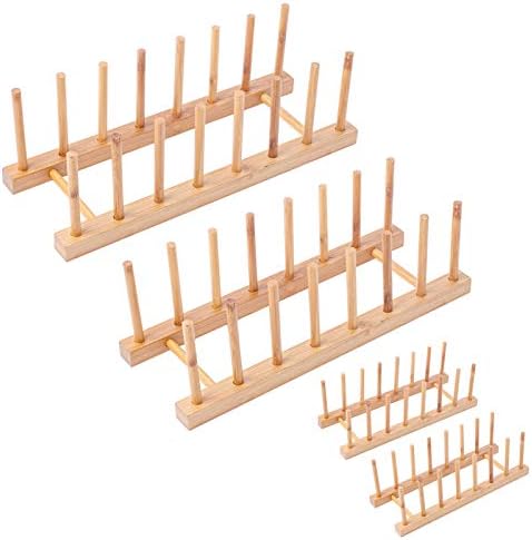 Wevapers 4Pack Bamboo Wooden Dish Rack, Plate Rack Stand Pot Lid Holder, Kitchen Cabinet Organizer for Cup, Cutting Board, Bowl, Drying Rack and More