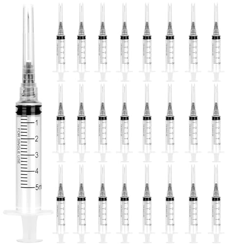 24 Pack Disposable 5ml Syringes with Needle 22G 1”, Sterile Luer Lock Syringe Individually Packaged for Scientific Labs, Industrial, Liquid Measuring, Dispensing