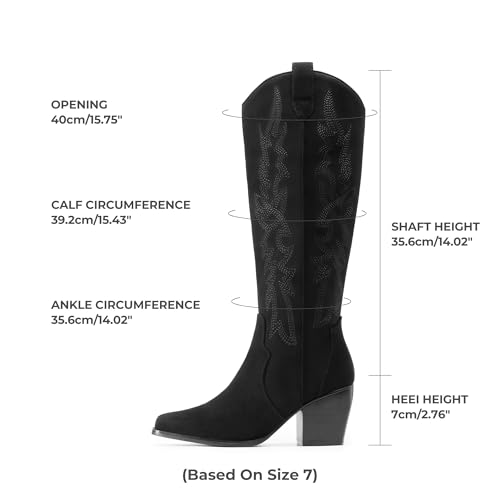 Image of DREAM PAIRS Womens Cowboy Boots Wide Calf Comfortable Pull On Zipper Chunky Heel Pointed Toe Embroidered Western Cowgirl Knee High Boots Ladies Retro Tall Boot
