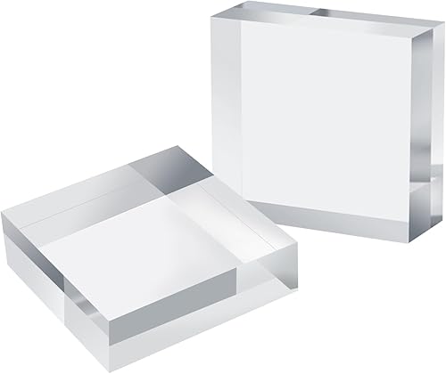 Bloque de exhibición cuadrado acrílico, 2 piezas de 3 x 3 x 1 pulgadas, base de exhibición transparente pulida con pedestal de exhibición