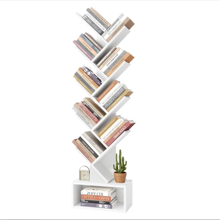 Hoctieon 9 Tier Tree Bookshelf Tall Bookcase with Drawer Wood Book Shelf Modern Floor Standing Bookshelves Book Organizer Shelves for Bedroom Living Room Home Office White