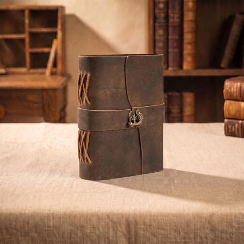 Image of LEATHER VILLAGE Leather Journal for Women & Men - Vintage Leather Bound Journal with Lock - Book of Shadows, Writing & Travel Journal - 200 Pages Handmade Deckle Edge Paper -13 inchx8''- Distressed Brown