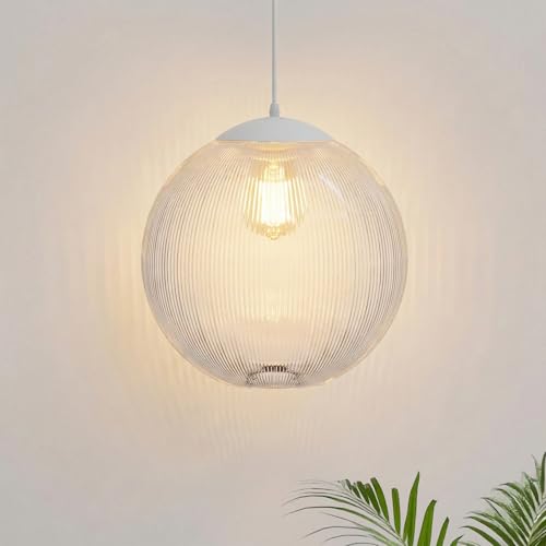 Image of KASTLITE 12 inch Acrylic Globe Pendant Light Fixture, 8W 3000K Filament LED Bulb, Ceiling Mount - Kitchen Pendant Lighting Over Island, Hanging Dining Light, Living Room Lamp - Prismatic, White Base