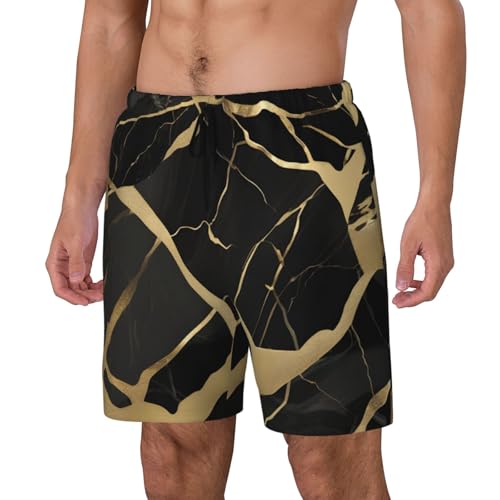Black Marble Texture Gold Print Mens Swim Shorts Trunks Inseam Compression Liner Quick Dry Zipper Pocket2
