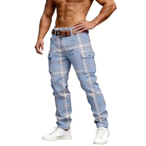 Pantalon cargo d'été pour homme ample à carreaux vintage avec poches