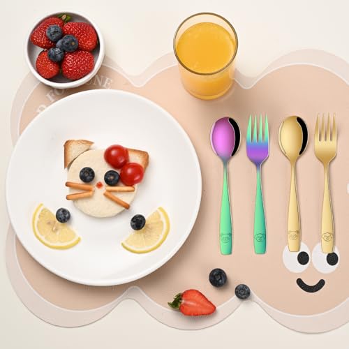Image of DEHOV Colorful Toddler Eating Utensils Set,Set Of 12 Food Grade Stainless Steel Silverware Sets For Kids,Dishwasher Safe Children Small Metal Spoons And Forks Flatware Sets