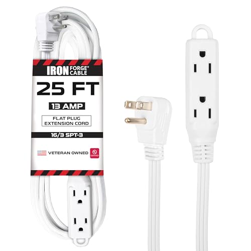 Iron Forge Cable 25 ft Flat Plug White Extension Cord with 3 Outlets - 16/3 SJTW 3 Prong Indoor Extension Cord with Multiple Outlets