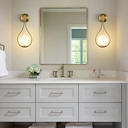Image of KCO Lighting Modern Brushed Gold Teardrop Wall Sconces Set of 2 Hardwired | E26 Bulb Included, 5.9 inch White Milk Glass Wall Light Fixture Mid Century Wall Lamp for Bedroom Bedside Bathroom Hallway