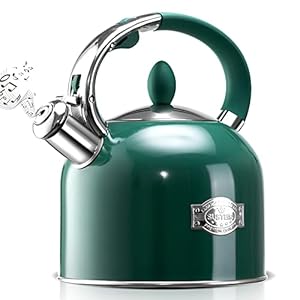 Tea Kettle – SUSTEAS 3.17QT Whistling Kettle with Ergonomic Handle – Premium Stainless Steel Tea Pots for Stove Top, Chic Vintage Teapot with Composite Base, Work for All Stovetops (Green)