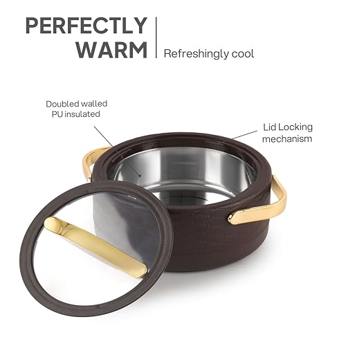 Image of CELLO Velvetto Deluxe 2000 Insulated Casserole Hot Box for Kitchen 2000 ml, Brown | Airtight See Through Lid Hot Pot Case Keeps Food Hot & Warm for Long Hours, Casserole Set for Roti, Rice & Biryani