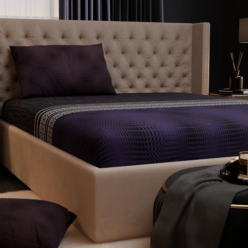 Image of Stoa Paris 100% Bamboo Cotton King Size Fitted Bedsheet with 2 Pillow Covers, 200TC Bedding Set, Breathable, All-Season Comfort, Home Decor, Imperial Grandeur - Amethyst Realm (182cmx198cm+30cm)